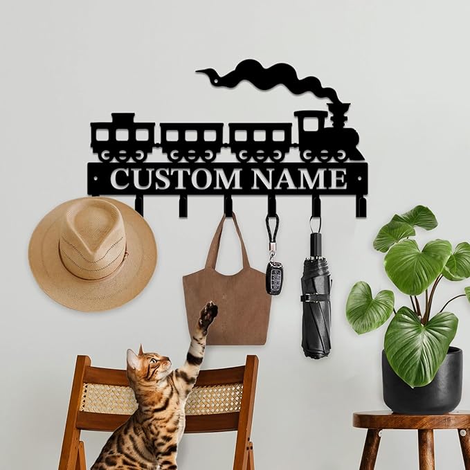 Personalized Train Metal Keys Hooks,Custom Name Metal Train Keys Hooks,Black Metal Train Wall Home Storage Decorative Keys Hooks,Key Holder Hooks for Wall (Style D)