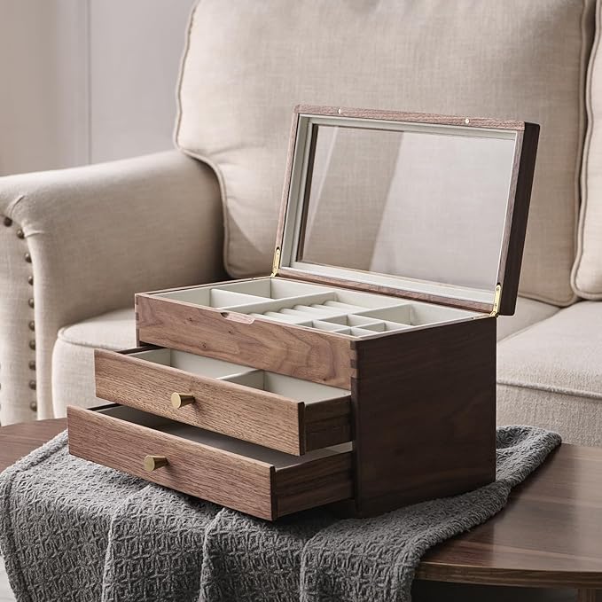 Beexchange Black Walnut Wooden Jewelry Box - Allwood, Handcrafted, Glass Lid 2 drawer. Gift for Women, Men, and Girls. large Jewelry Organizer Storage.(Triple-Layer)