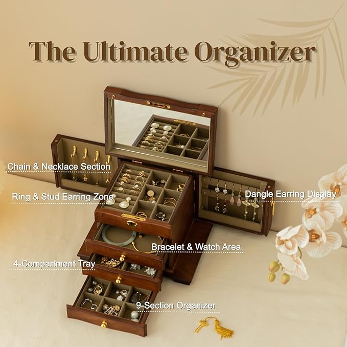 KINTNESS Black Walnut Wooden Jewelry Box with Lock - 3 Drawers Large Jewelry Organizer for Women Girls with 2 Side Storage Space and A Mirror, Jewelry Safe with Key for Bracelet, Necklace, Ring