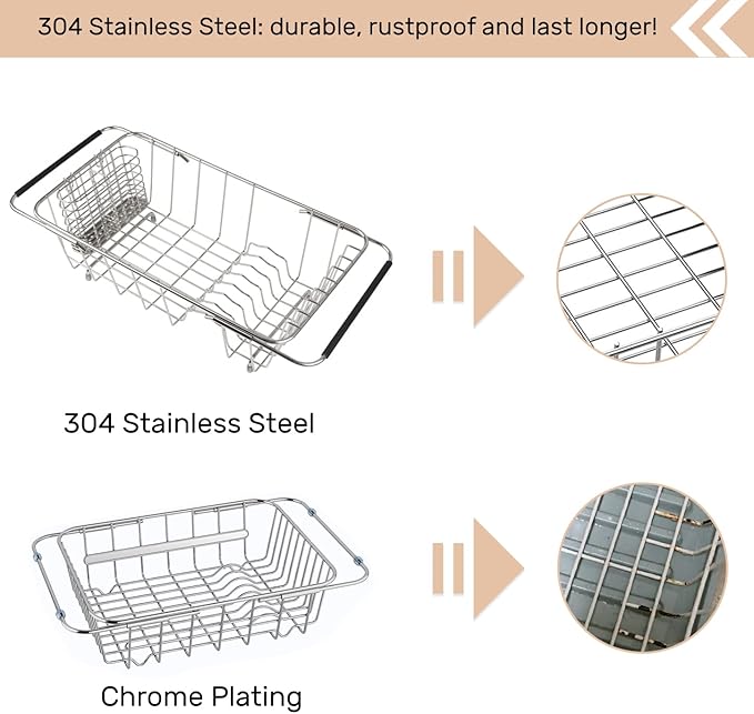 BTLATHA Sink Dish Drainer Rack, Expandable 304 Stainless Steel Dish Drying Rack Organizer with Stainless Steel Utensil Rack, Adjustable 14.96" to 20.59" Inside The Sink (up to 7 Upright Utensils).