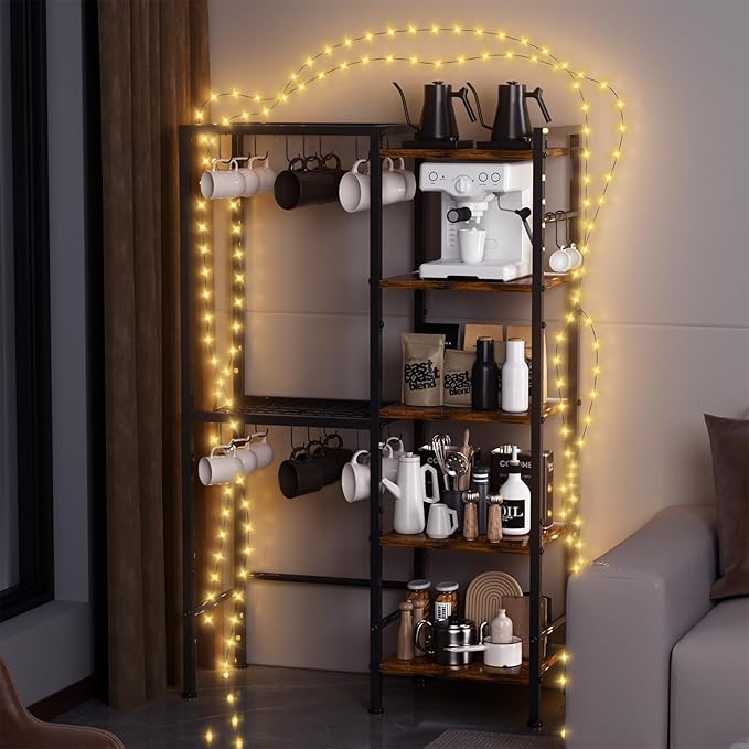 OMISRUIS 5-Tier Pot and Pan Organizer Rack with Hooks, Heavy-Duty Kitchen Storage Shelf for Cookware, Dishes, and Utensils, Freestanding Metal Pot Rack Organizer for Kitchen, Pantry, or Dining Room