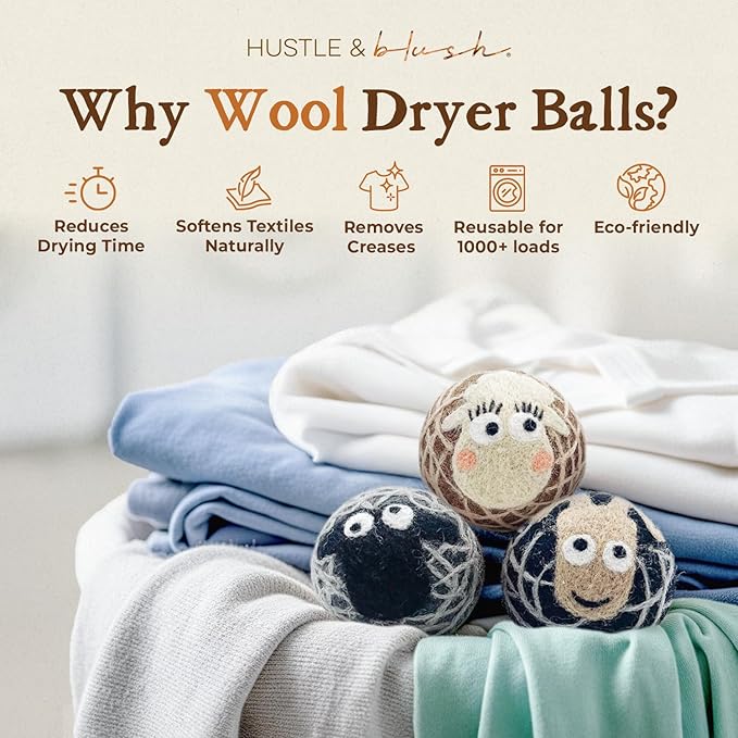 Hustle & Blush Fluff Ewes Wool Dryer Balls 3 Pack - Extra Large Darks Premium Hand Needled New Zealand Laundry Set, Reduces Drying Time, Static Control, Chemical Free Reusable for Essential Oils