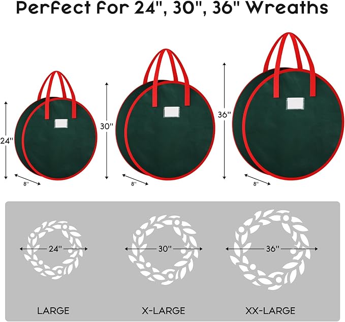 Criusia Wreath Storage Container, 2 Pack Christmas Wreath Storage Bag with Sturdy Handle, Two-way Zipper,Durable Wreath Storage Organizer Box for Holiday Decoration (Green, 30"x8")