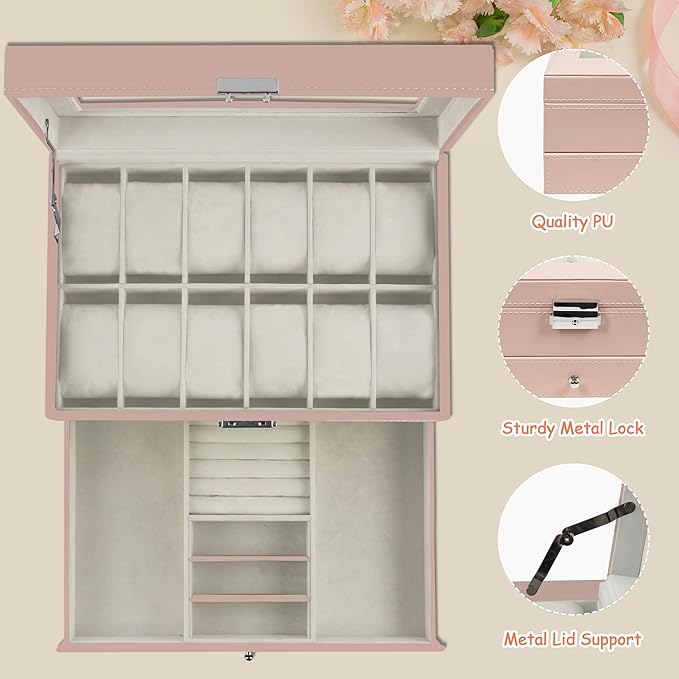 Ogrmar 12 Slot PU Leather Lockable Watch Storage Boxes, Men & Women Jewelry Display Drawer Case, 2-tier Organizer Watch Showcase with Glass Lid (Pink)