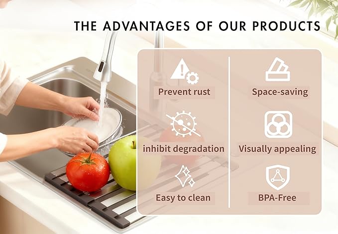 Miao Steward Over The Sink Kitchen Dish Drying Rack Organizer - Stainless Steel Collapsible Non-Slip Space-Saving [23.26 * 12.8IN] - Rust-Resistant Heat-Resistant Sturdy - Easy to Clean