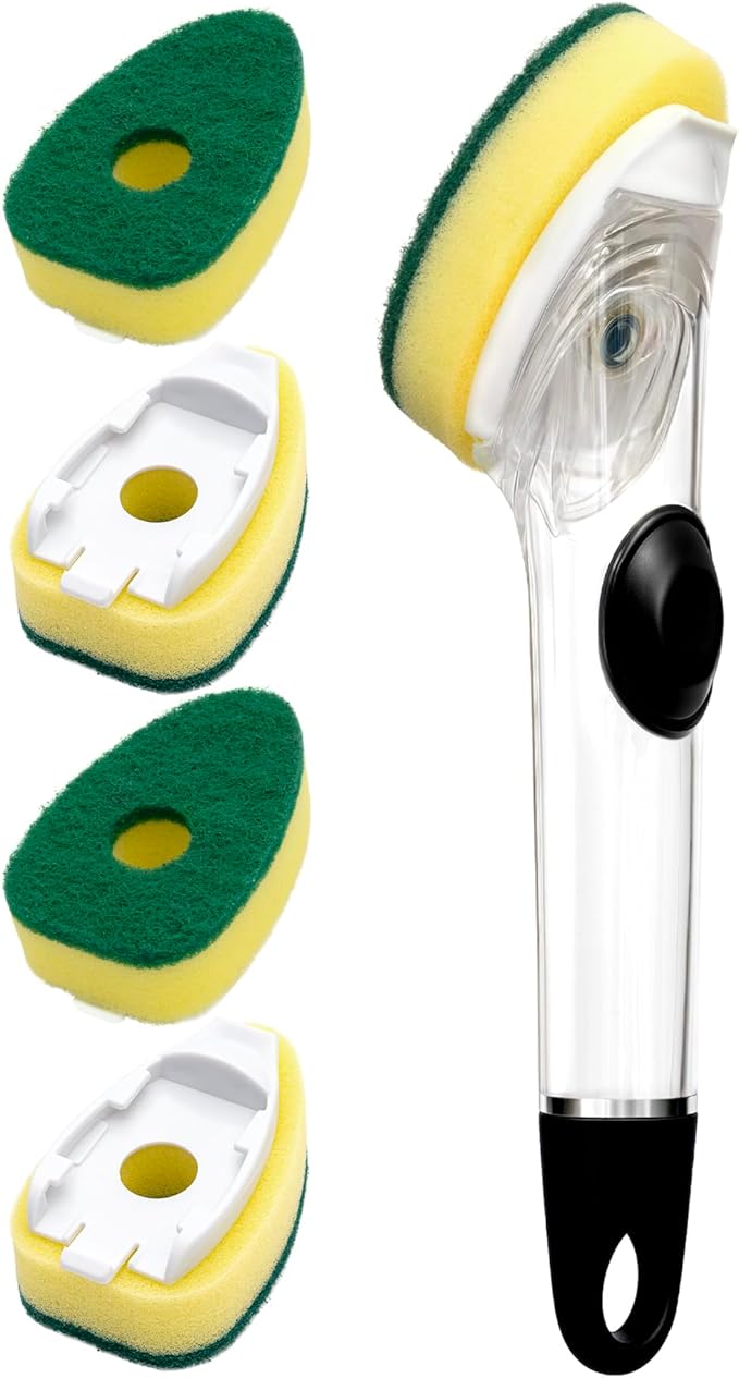 HELIME Dishwand Refills, Non-Scratch Replacement Sponge Heads for Dish Wand, Leak-Proof Handle with Heavy-Duty Scrubbers, Universal Compatible Soap Dispensing Brush for Kitchen, Bathroom Cleaning