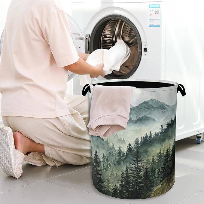 Mountains Forests Laundry Hamper,Dirty Clothes Laundry Basket with Handles Waterproof Oxford Cloth Storage Basket for College Dorms Bathroom Bedroom 16" x 20.8"