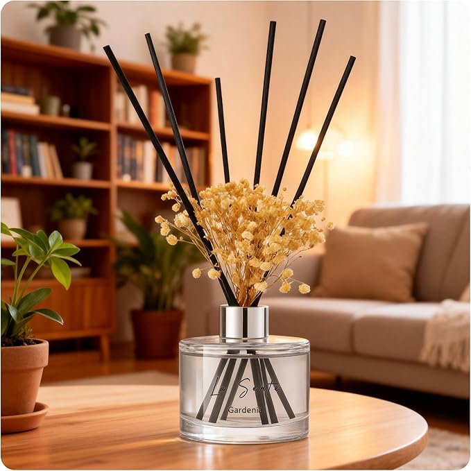 Reed Diffuser Set (6.7fl oz), Natural Gardenia Essential Oil Fragrance with Glass Bottle, Black Rattan Sticks & Preserved Flowers, Up to 120 Days Lasting Fragrance for Home & Office