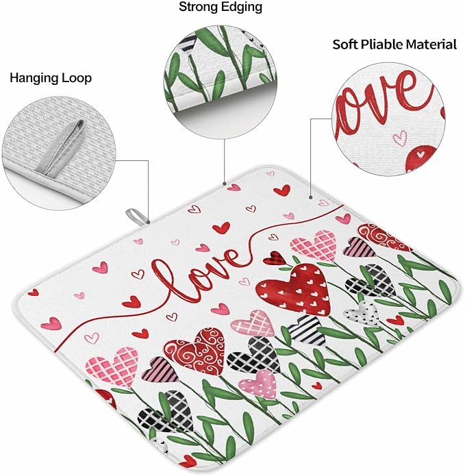 Valentine's Day Dish Drying Mat for Kitchen Counter Pink Red Love Drying Pad Absorbent Drying Mats for Countertops Sinks Draining Racks Romantic Drainer Valentines Holiday Decorations 18x24 Inch