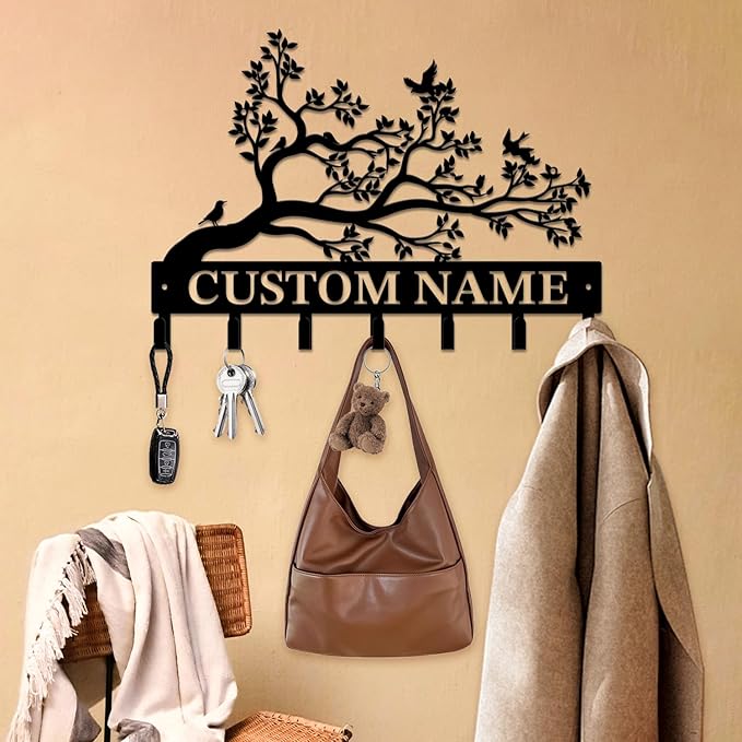 Personalized Custom Name Birds of Trees Wall Key Hooks,Metal Birds of Trees Art Clothes Hooks,Metal Birds of Trees Wall Home Storage Decorative,For Front Door, Hallway, Kitchen, Bedroom(Style B)