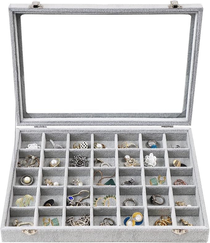 Jewelry Tray 35 Grid Velvet Jewelry Organizer with Clear Lid Transparent Earring Bracelet Organizer Holder Case with Clasp Drawer Insert for Rings Studs Gift for Women Girls (Grey)