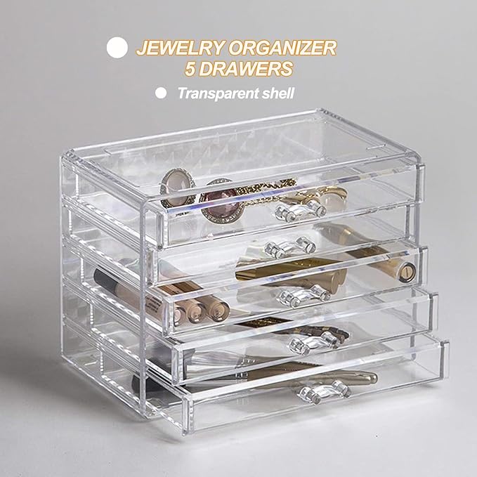 Earring Storage Box Organizer 5 Drawers Jewelry Organizer Acrylic Jewelry Storage Box Holder Compartment Transparent Display Storage Case Gift for Women Girls (5 Grids)