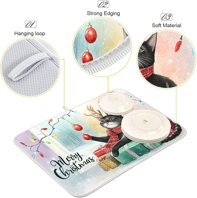 Merry Christmas Cat Dish Drying Mat for Kitchen Countertop 18x24 Winter Snow Kitty Xmas Reindeer Large Drying Mat Reusable Quick Dry Dish Sink Mats Easy Clean Decorative Essentials