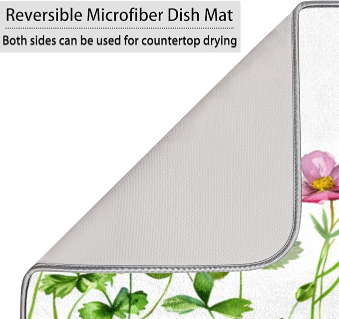 Hexteria Colorful Flowers Dish Drying Mats for Kitchen Counter 16 X 18 Inch Spring Floral Microfiber Dish Mat, Dish Drainer Mats for Countertops, Wildflower