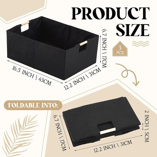 3 Pack Fabric Storage Bins for Closet Shelves, Rectangle Wardrobe Organizer with Handle, Collapsible Shelves Storage Basket for Sorting Clothes and Toy (Black,16.5 x 12.2 x 6.7 Inch)