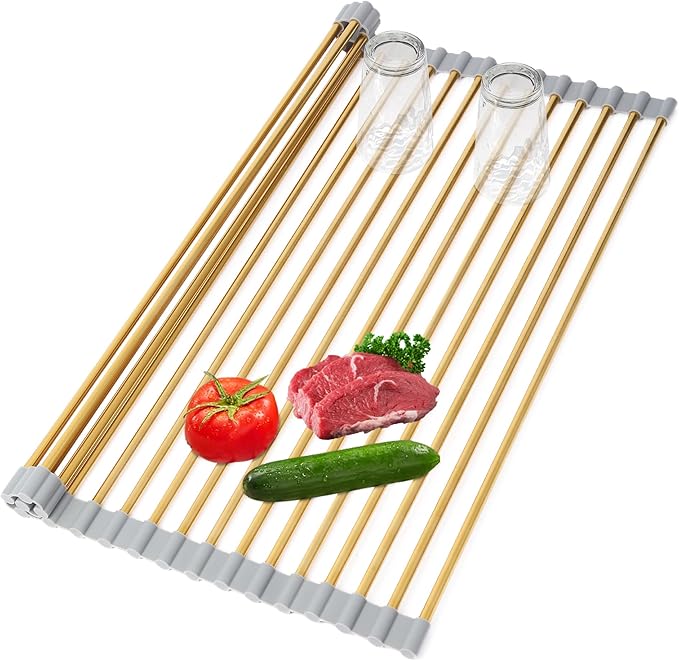HAYAWEY Golden Roll-UP Dish Drying Rack-Large Stainless Steel Dish Drainer Over The Sink for Kitchen Countertop, Applicable for Sink Width Less Than 16.5in (Gold,17.8'x 15.7')