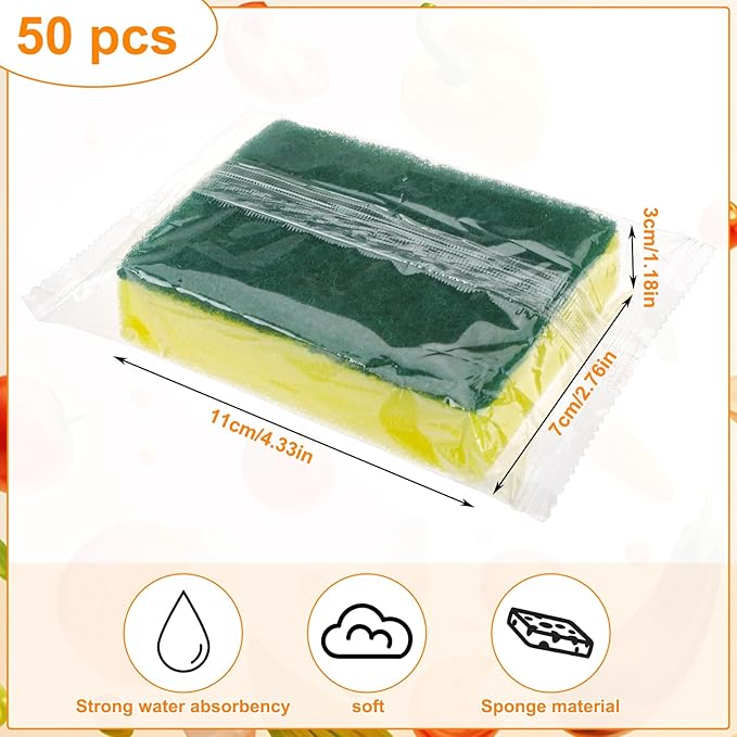 Ovveroche 50 Pcs Individually Wrapped Sponges, Uncompressed Non Scratch Scrouing Sponges for Household Cleaning Dishes Kitchen Airbnb Apartment Car Bike Green