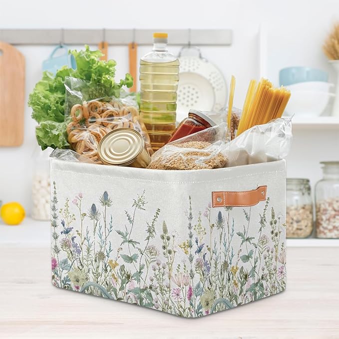 Wildflowers Leaves Storage Basket for Shelves, Storage Bins with Handles, Collapsible Basket for Organizing, Closet Toy Baskets for Nursery Room, 15x11x9.5 in, Canvas, Herbal Wildflower