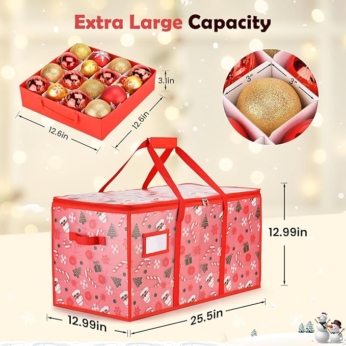 Plastic Christmas Ornament Storage Box with Adjustable Dividers, Waterproof Christmas Storage Containers Keep 128 Capacity, Dual Zippers, Ornament Organizer to Store Holiday Decor-Gloves