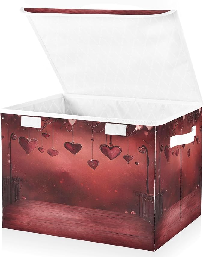Bolaz Storage Bins with Lids and Handles,Valentine Background Dark Heat Storage Box Storage Basket with Cover Collapsible Organizer Containers for Home Closet, Shelves