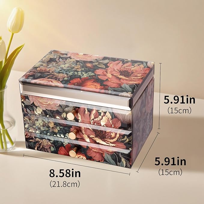 Glass Jewelry Box With Floral Pattern, 3-Tier Jewelry Organizer for Women Girls,Jewelry Gift Decorative Boxes, Art Painting Tabletop Ornament Organizer For Earring Necklace Christmas Gifts