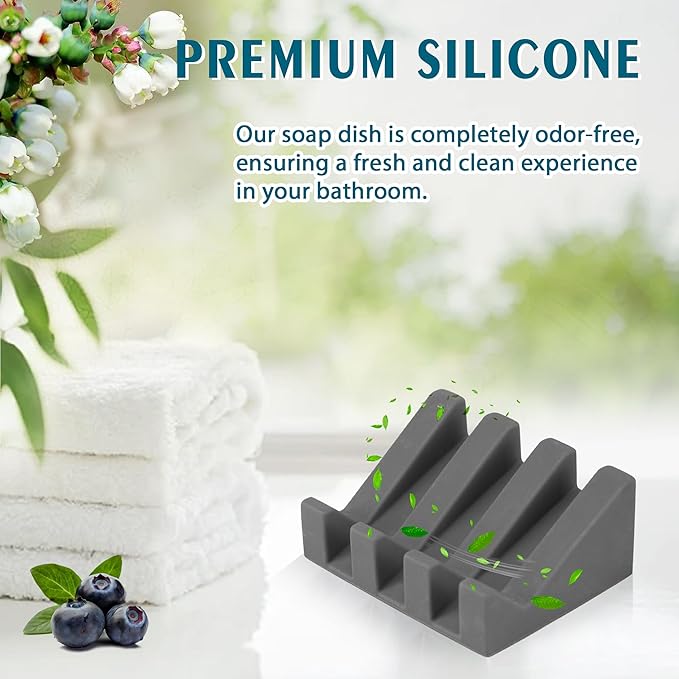 Silicone Soap Dish with Drain, Upgrade Double Suction Cups at The Bottom for Anti-Slip and Stability, Soap Dish Shower Waterfall Bar Soap Holder Tray with Drain Soap Holder (4, Grey)
