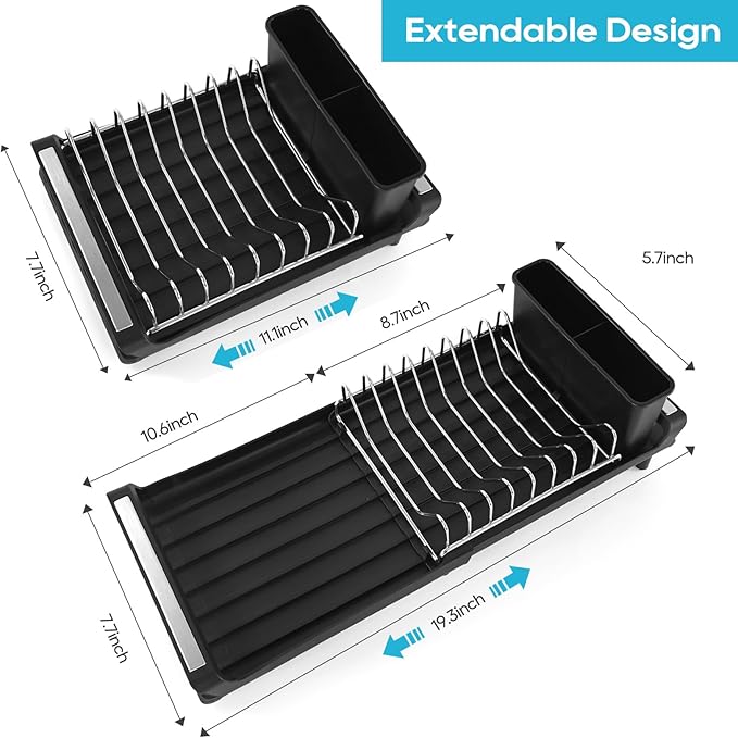 Small Expandable Dish Drying Rack – Compact & Space-Saving – No Spout, No Leaks – Durable, Rust Resistant & Easy to Clean – Ideal for Kitchens, Apartments & RVs – Extend 10.9 to 18.6 inches (Black)