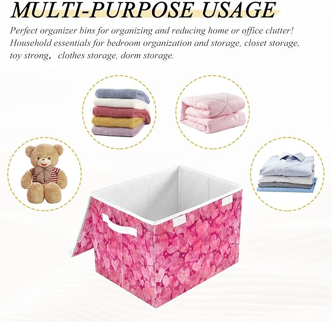 Bolaz Storage Bins with Lids and Handles,Valentines Day Pink Hearts Storage Box Storage Basket with Cover Collapsible Organizer Containers for Home Closet, Shelves