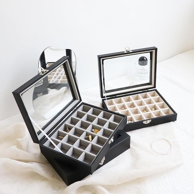 Wudygirl Small Jewelry Organizer Ring Box Velvet Jewelry Box Earring Organizer with Clear Lid Jewelry Tray for Women Girls Jewelry Display Case Drawer Inserts 24 Grid (Gray)