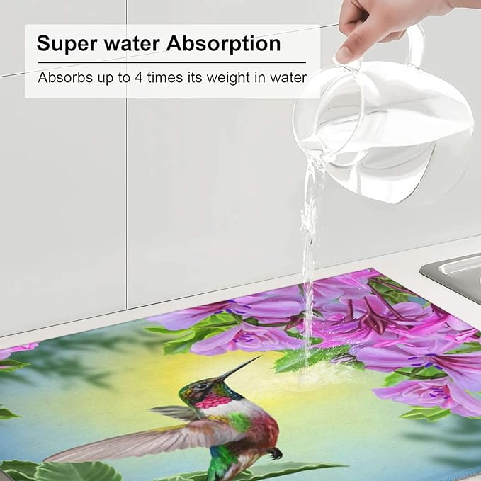 Floral Hummingbird Dish Drying Mats for Kitchen Counter Large Drying Mat for Dishes Microfiber Dish Rack Mat Kitchen Decor Spring Flower Drainer Pad Ultra Absorbent Dry Mat 18×24 Inch