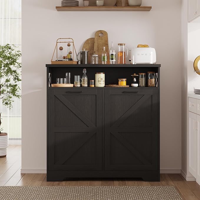 Double Tilt Out Trash Can Cabinet for 13 * 2 Gallon Garbage Can, Farmhouse Kitchen Garbage Trash Bin for Hidden Laundry Basket, Dual Dog Proof Recycling Cabinet for Dining Living Room, Black