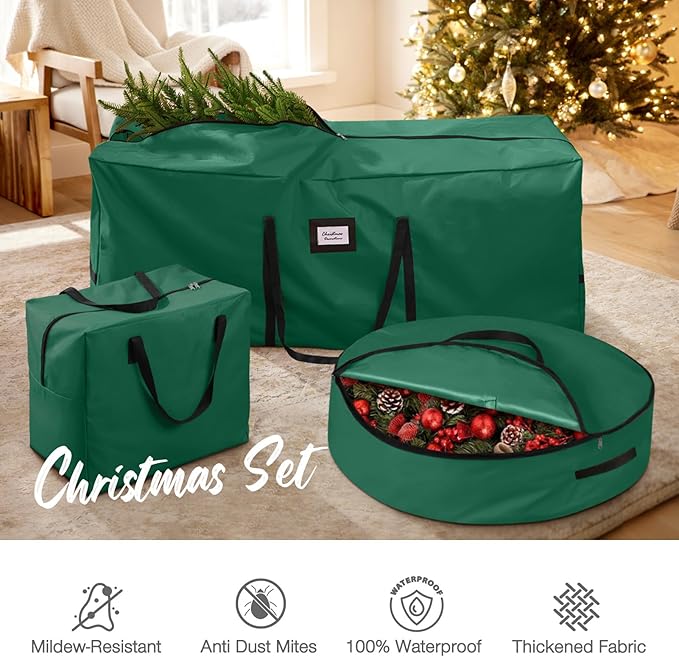 3 Pack Christmas Tree Storage Bag, for Artificial Trees up, Sturdy Waterproof With Reinforced Carrying Handles, Xmas Holiday Garland Bag Storage Case (Green, 9 Ft)