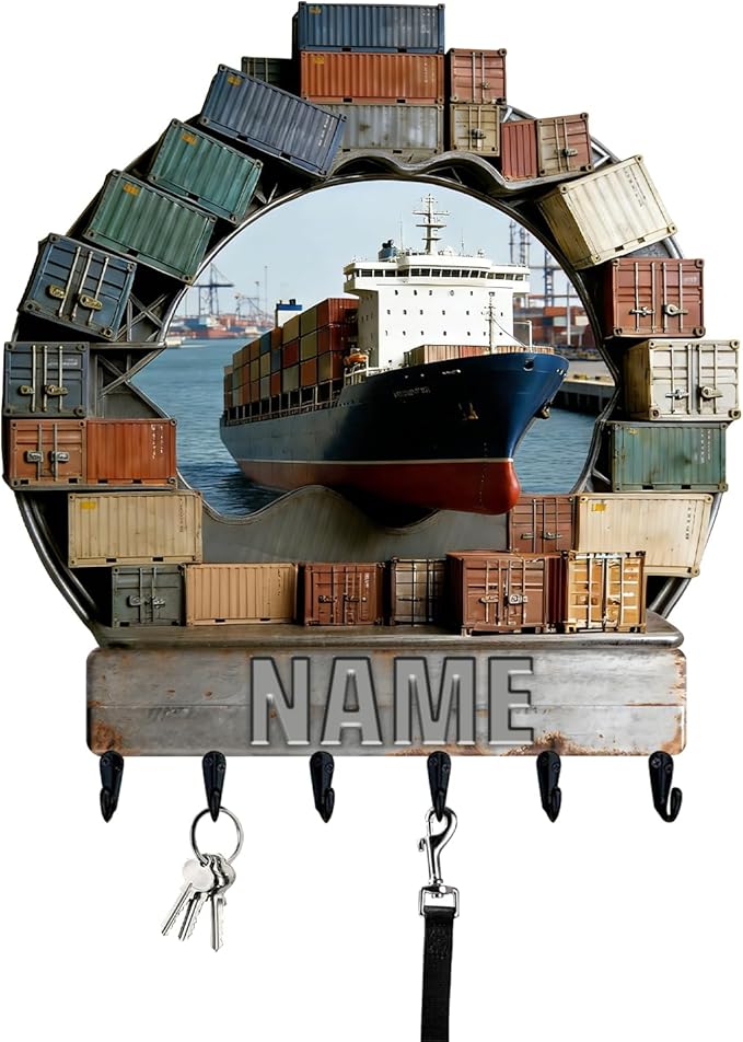 Personalized Wooden 2D Flat Print Container Ship Themed Wall Hooks for Living Room Hallway Office Custom Name Container Crane Coat Rack Port Transportation Key Storage Holder for Women Men Friends