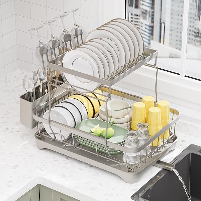LIYI Dish Drying Rack,Large Dish Rack for Kitchen Counter,2-Tier Dish Racks with draining Tray,Detachable Capacity Dish Drainer Organizer,Grey