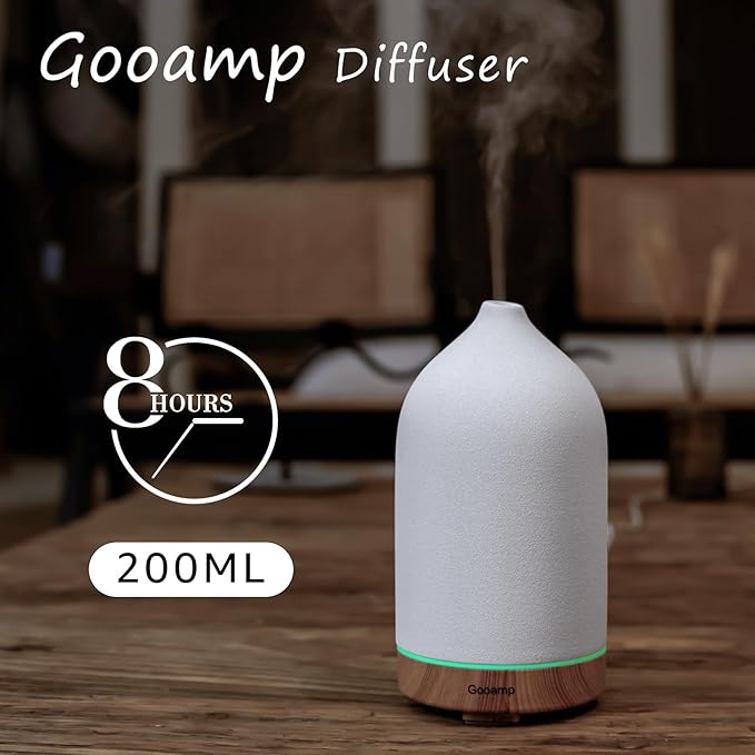 200ML Ceramic Essential Oil Diffuser (Set of 2) - Ultrasonic Aromatherapy & Humidifier with 7-Color LED Lights, Auto Shut-Off, Wood Grain Base, 1H/3H/6H Timer | Scent for Home, Office, Yoga