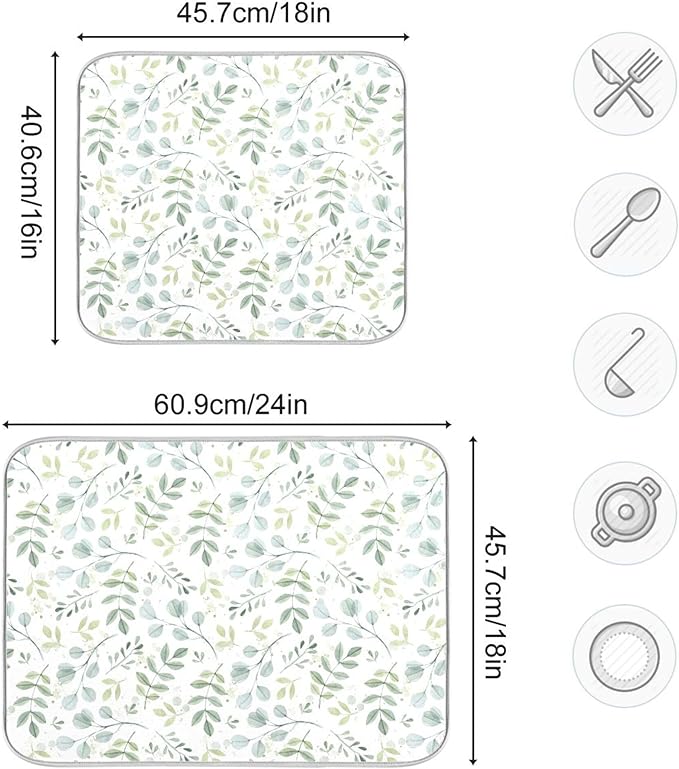 Eucalyptus Leaves Dish Drying Mat for Kitchen Countertop 16x18 Green Small Drying Mat Reusable Quick Dry Dish Sink Mats Easy Clean Decorative Essentials
