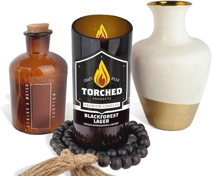Torched Beer Scented Candles | Natural Soy Wax Candle | Blackforest Lager Scent 8 oz | Makes a Great Gift for Men, Beer Lovers, and Collectors | Bar Man-Cave Decor and Accessories