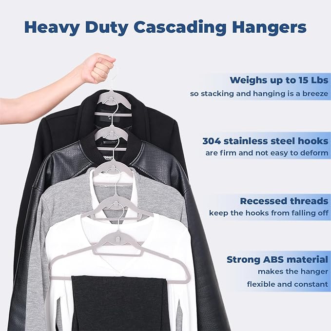 Limogoo Grey Velvet Hangers 50 Pack, Felt Covered Non Slip Fabric with Stackable Cascading Hook, Ultra Thin and Space Saving with 360° Swivel Neck, 15Lbs Capacity for Clothes, Suit, Shirt, Coat
