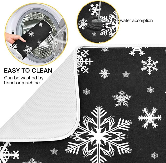 Winter Snowflake Black Dish Drying Mat for Kitchen Christmas Snowflake Xmas Microfiber Drying Mats Absorbent Reversible Dish Pad Medium Dish Draining Mat 16x18 inch