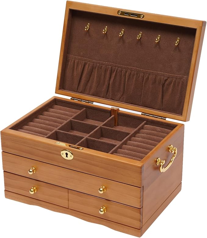 Eapmic Extra Large 3 Layers Wooden Jewelry Box Jewelry Case Cabinet Armoire Ring Necklacel Gift Storage Box Organizer(3 layers,6 built-in hooks)