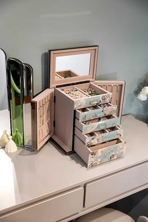 High End Glass Jewelry Box - 5 Layer Jewelry Organizer with 2-Sided Doors and Mirror - Velvet-Lined Organizer For Ring, Necklace, Earring, Bracelet Storage -Valentine's Day Gift For Women