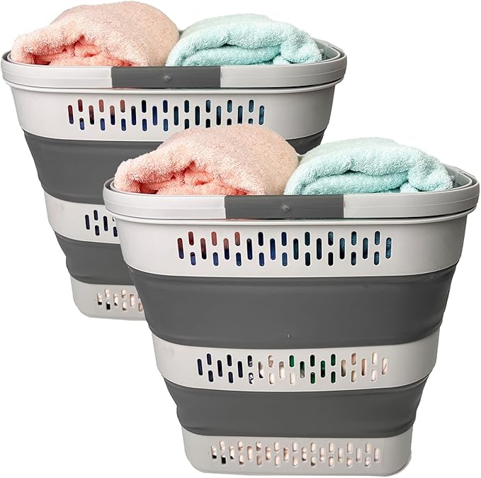 SAMMART 38L(10 Gal) Collapsible Laundry Basket - Foldable Pop-Up Storage Container/Organizer-Portable Space Saving Hamper, Measure 17.5x13.3x15.7"/3.8" Expanded/Collapsed (2, Grey)