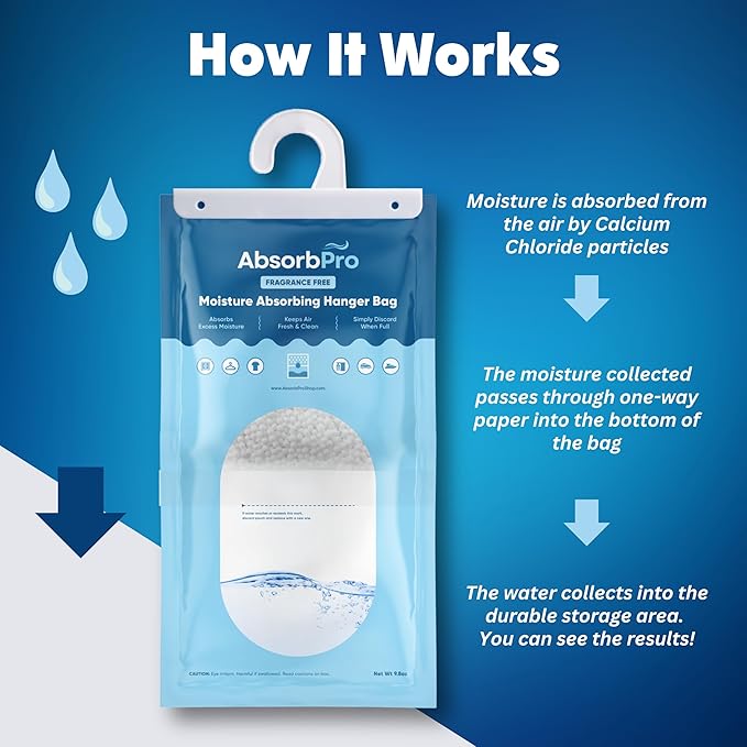Absorb Pro - Moisture Absorbing Hanger Bag Fragrance Free - 10-Pack - 9.8 oz Hanging Dehumidifying Packs for Home, Kitchen, Bedroom, Bathroom, Closet, Rooms, Cars