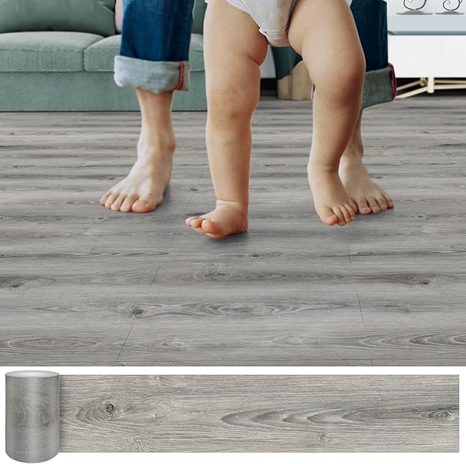 Lareko 6 Sq.Ft,Wood Peel and Stick Floor Tiles,4 Pack Grey Vinyl Flooring (No Adhesive Residue) 36"×6" Waterproof and Non-Slip Laminate Flooring for Renters Bathroom, Living Room(Smoke Grey)