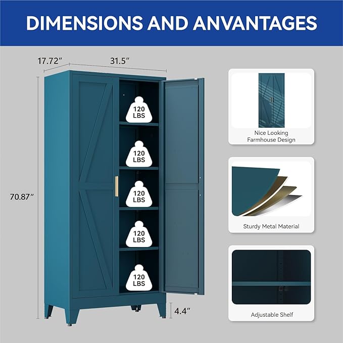 COFaR Metal Wardrobe Closet with Doors, 71'' Tall Steel Bedroom Armoire with Adjustable Hanging Rod and Shelves, Broom Closet Storage Cabinet for Garage Laundry Office, Farmhouse Peacock Blue