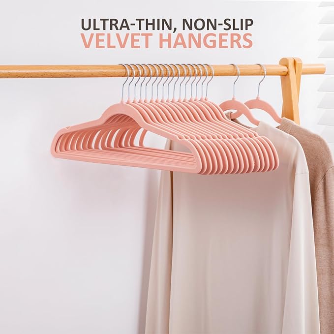 ELONG HOME Velvet Hangers - 50 Pack, Peach Pink Slim Felt Hangers with 360 Swivel Hook, Non-Slip Heavy Duty for Coats & Dress Clothes