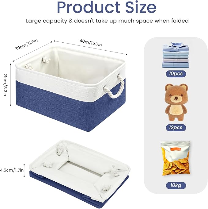 Large Storage Baskets- 15.7x11.8x8.26 inch Storage Bins for Shelves and Closet Organizing, Foldable Fabric Bin for Home Organization Clothes and Laundry (3-Pack, White&Blue)