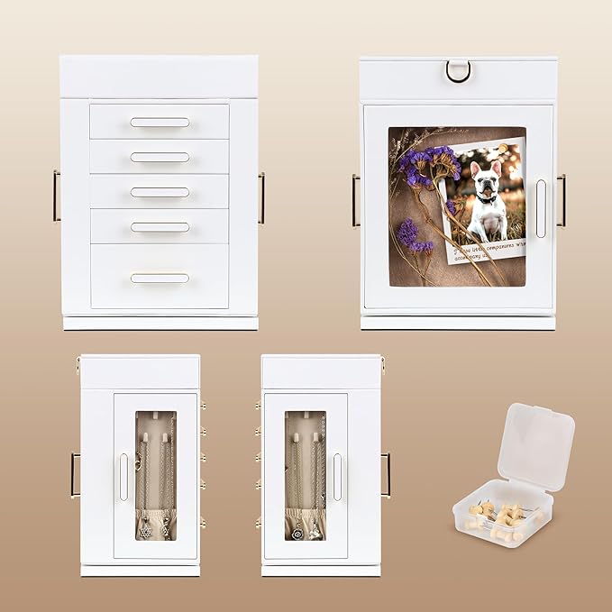 Kendal 360° Rotating Jewelry Box - White PU Leather Jewelry Organizer with Shadow Box & Pinboard, Detachable Top Tray, Drawers & Push Pins for Personalized Accessory Display & Storage