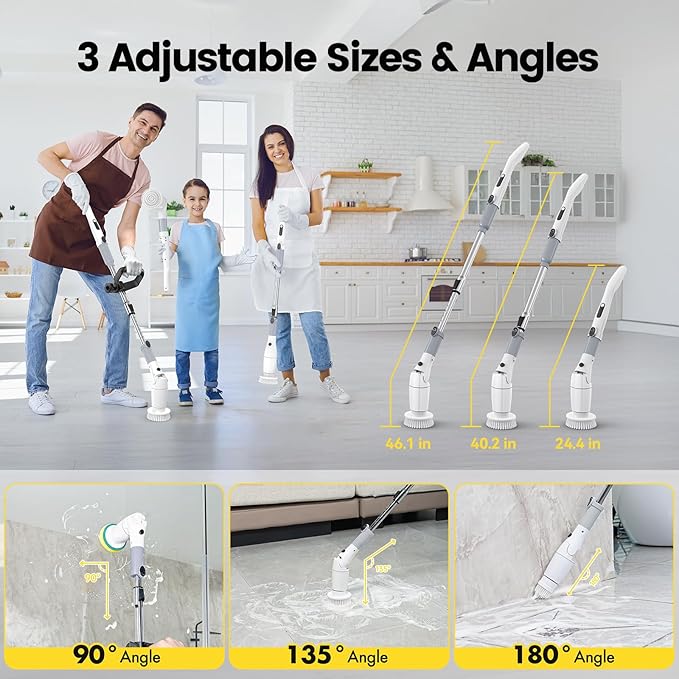 StarVal Electric Spin Scrubber, Cordless Cleaning Brush Shower Scrubber Up to 550 RPM with 9 Replaceable Brush Heads, Bathroom Scrubber Adjustable Extension Handle for Cleaning Bathroom Kitchen(Grey)