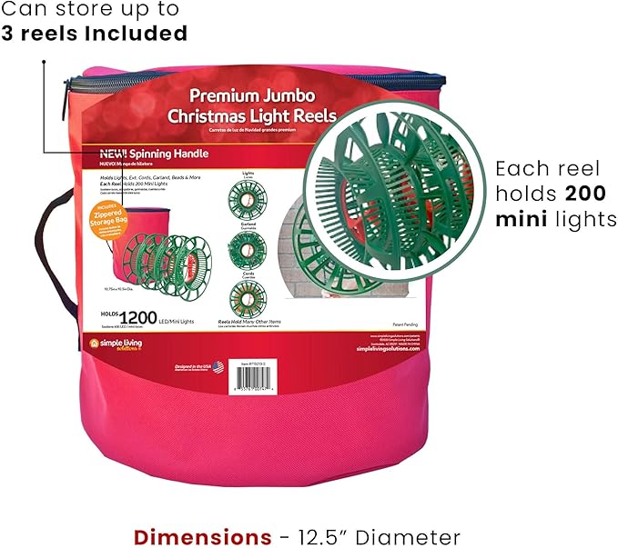 Set of 3 Jumbo Christmas Light Reels with Storage Bag 12.5"